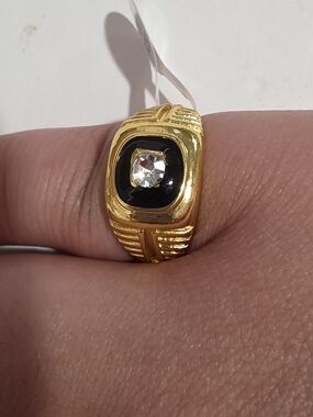 Gold-Tone Black Enamel Ring with Clear Stone